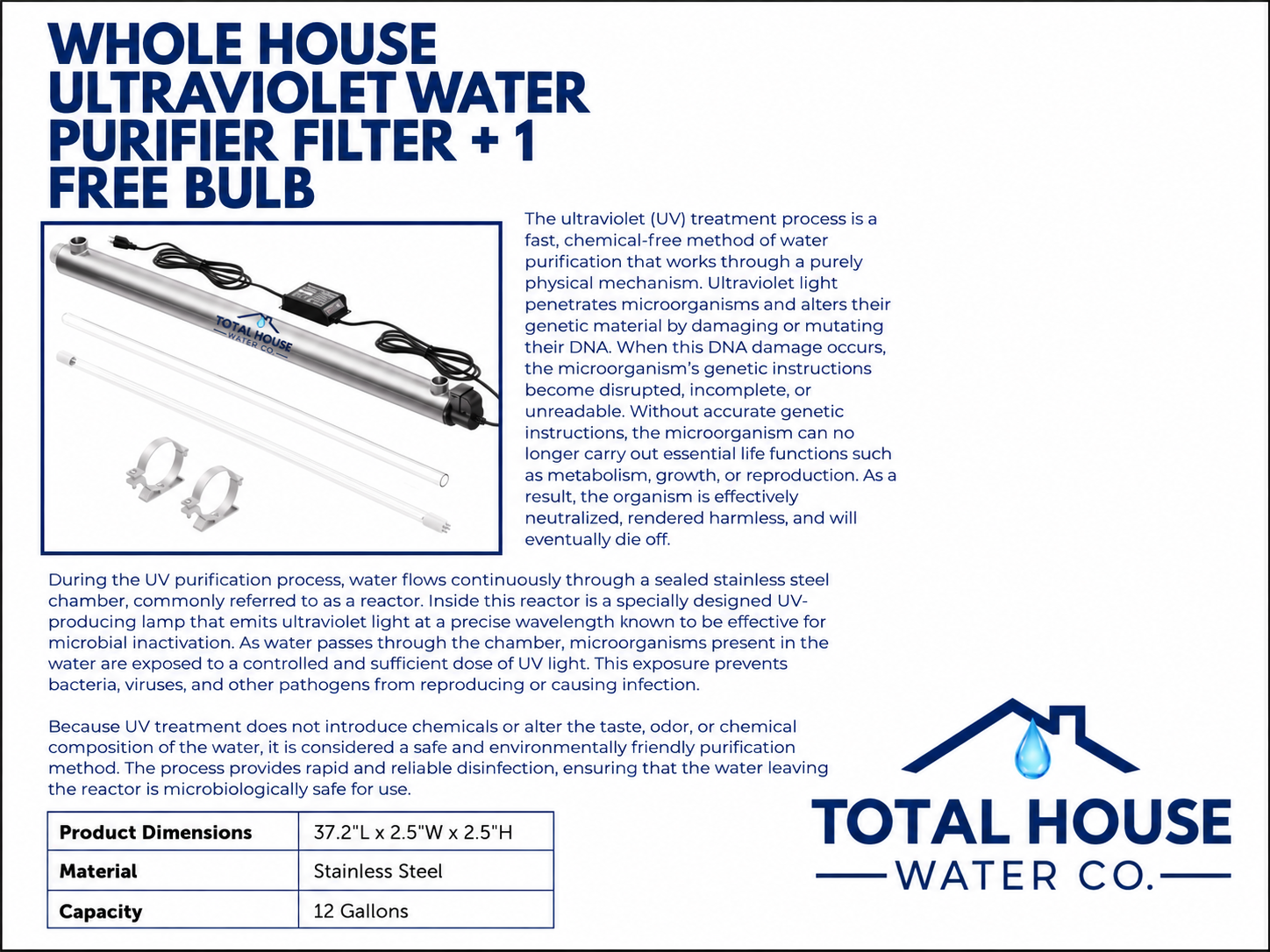 Whole House Ultraviolet Water Purifier Filter spec sheet
