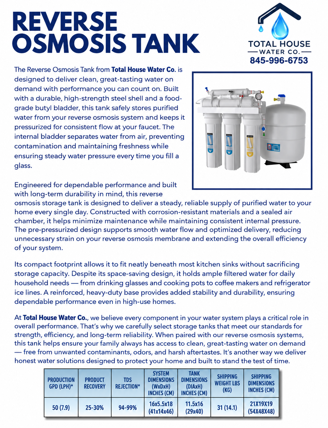 Reverse Osmosis Tank spec sheet